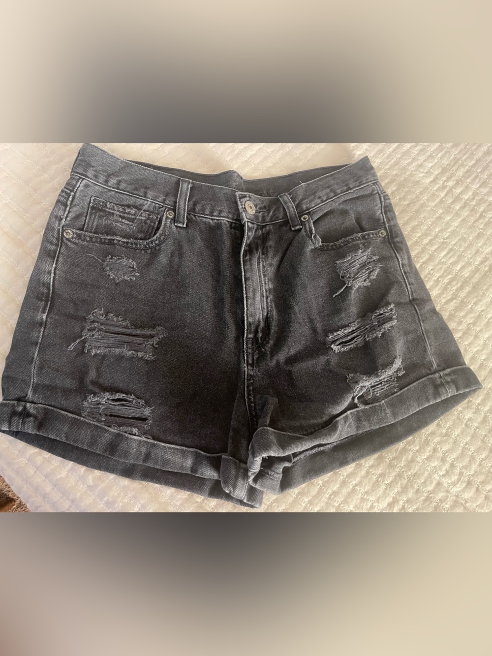 American Eagle Outfitters Black Distressed Rolled-Hem Denim Shorts